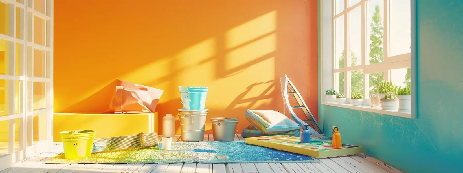 a bright and organized interior space prepped for painting, featuring neatly covered furniture, a palette of vibrant paint colors against a pristine wall, and tools arranged methodically on a clean surface, showcasing the essential preparations for a smooth painting process.