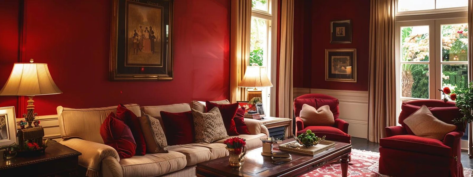 a brightly lit, elegantly furnished living room showcases a skilled painter applying a bold, rich color to the walls, highlighting their masterful interior painting techniques amidst a backdrop of sophisticated decor and modern furnishings.