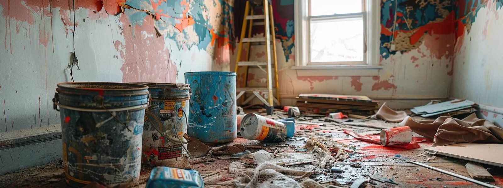a close-up view of an interior room in a saint paul home, featuring unevenly painted walls and spilled paint cans, highlighting the chaotic aftermath of a rushed and improperly executed painting project. a close-up view of an interior room in a saint paul home, featuring unevenly painted walls and spilled paint cans, highlighting the chaotic aftermath of a rushed and improperly executed painting project.