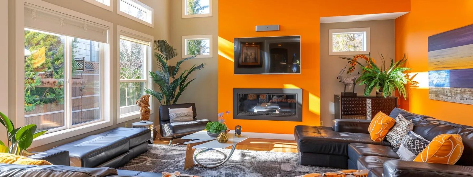 a contemporary living room in a saint paul home showcases bold 2023 trending paint colors on the walls, featuring sleek furnishings and vibrant decor under warm, inviting indoor lighting. a contemporary living room in a saint paul home showcases bold 2023 trending paint colors on the walls, featuring sleek furnishings and vibrant decor under warm, inviting indoor lighting.
