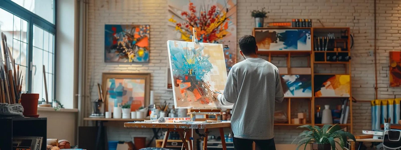 a focused interior shot of a modern, well-lit paint studio featuring an expert applying vibrant paint with precision on a canvas, showcasing smooth, even brush strokes for a flawless finish. a focused interior shot of a modern, well-lit paint studio featuring an expert applying vibrant paint with precision on a canvas, showcasing smooth, even brush strokes for a flawless finish.