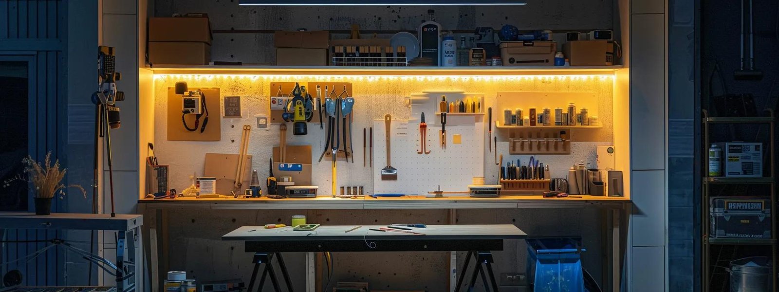a meticulously organized indoor space showcases a painter's tools and carefully prepared walls, illuminated by focused led lighting, highlighting the precision and anticipation of a master interior wall painting project.