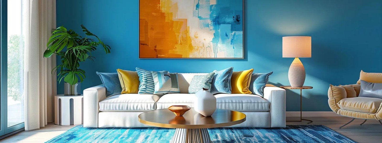 a modern, impeccably painted living room showcases vibrant wall colors paired with elegant furniture, reflecting the transformative impact of professional interior painting services in a stylish urban home setting.