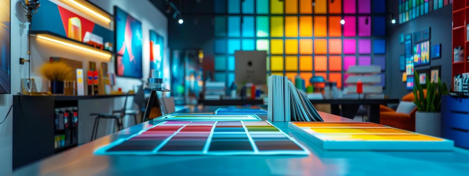 a modern interior design studio, featuring a sleek table displaying a variety of meticulously arranged paint finish samples against a backdrop of vibrant, tastefully decorated room mock-ups, all illuminated by bright, focused overhead lighting. a modern interior design studio, featuring a sleek table displaying a variety of meticulously arranged paint finish samples against a backdrop of vibrant, tastefully decorated room mock-ups, all illuminated by bright, focused overhead lighting.