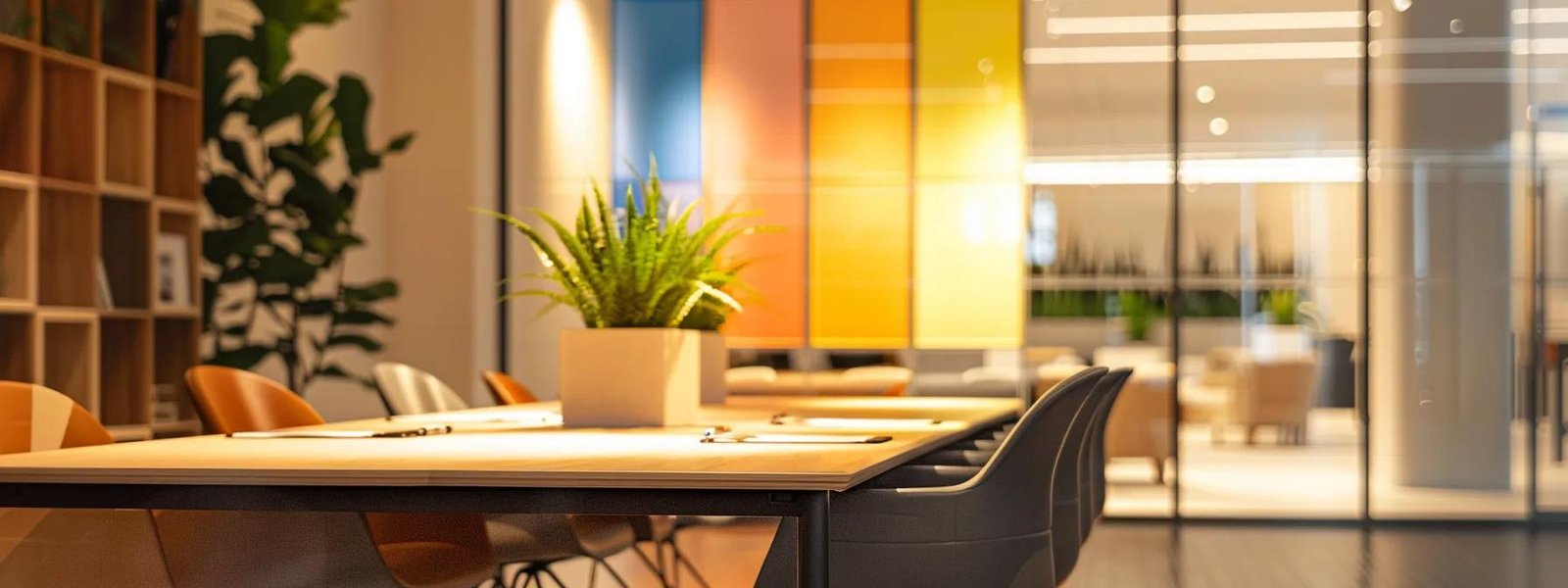 a modern, well-lit office space featuring a clean conference table surrounded by color samples and paint tools, emphasizing the careful selection process for choosing high-quality interior painters. a modern, well-lit office space featuring a clean conference table surrounded by color samples and paint tools, emphasizing the careful selection process for choosing high-quality interior painters.