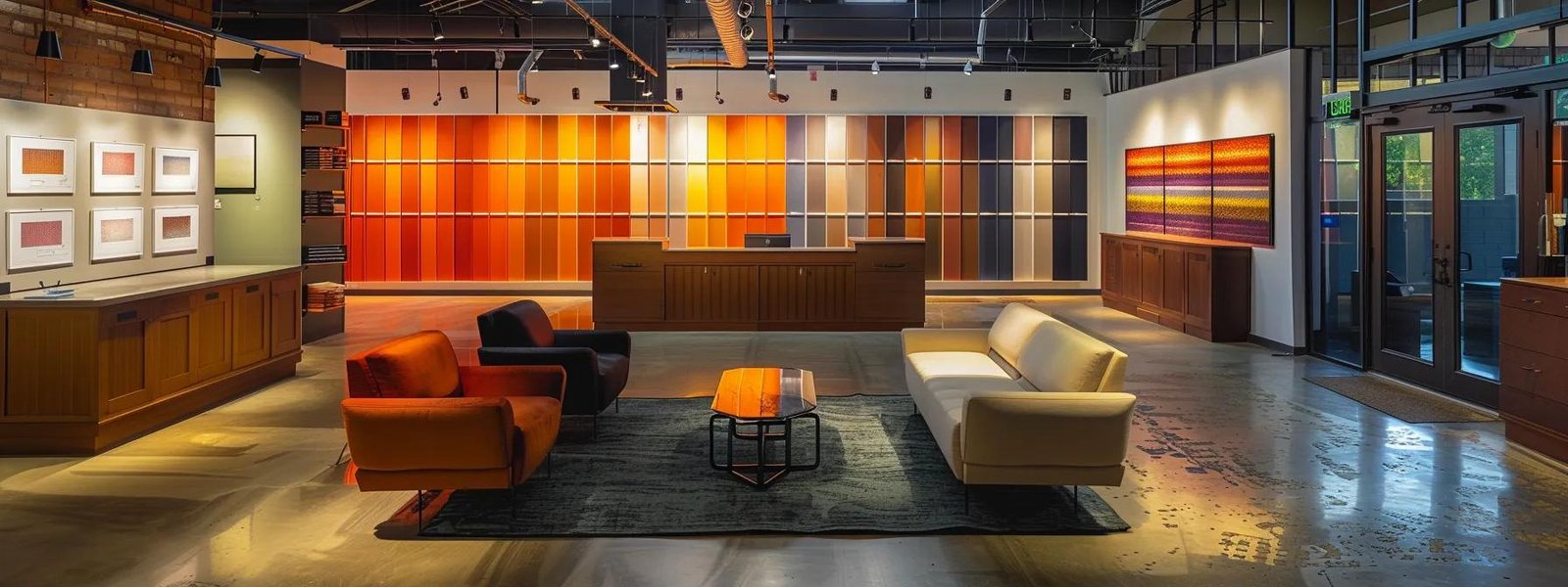 a vibrant interior design studio in saint paul, showcasing elegant paint samples on an array of textured panels, illuminated by bright architectural lighting, reflecting the importance of selecting the perfect paint finish. a vibrant interior design studio in saint paul, showcasing elegant paint samples on an array of textured panels, illuminated by bright architectural lighting, reflecting the importance of selecting the perfect paint finish.