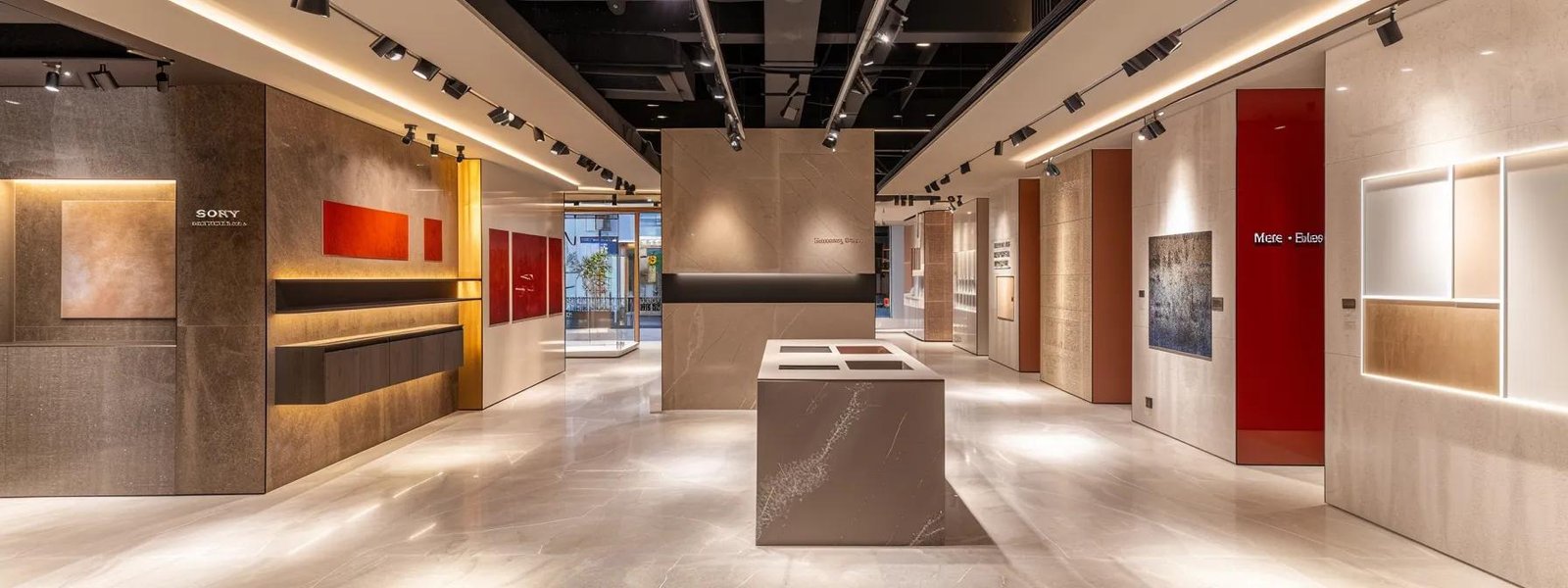 a beautifully organized interior showroom showcases a variety of striking paint finishes on elegantly textured walls, illuminated by soft, focused lighting that highlights the depth and richness of each color.