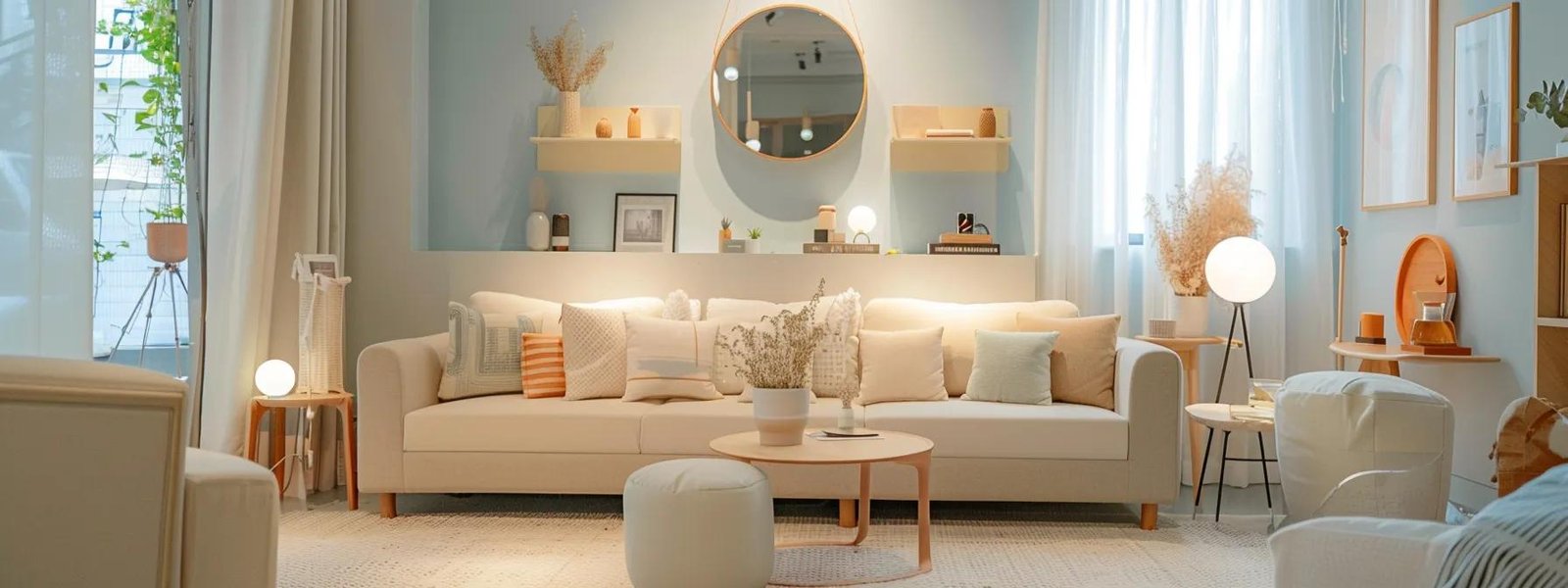 a bright, modern interior of a small living room showcasing a clever use of soft pastel colors on the walls and furnishings, designed to create an illusion of spaciousness with strategically placed mirrors reflecting light.