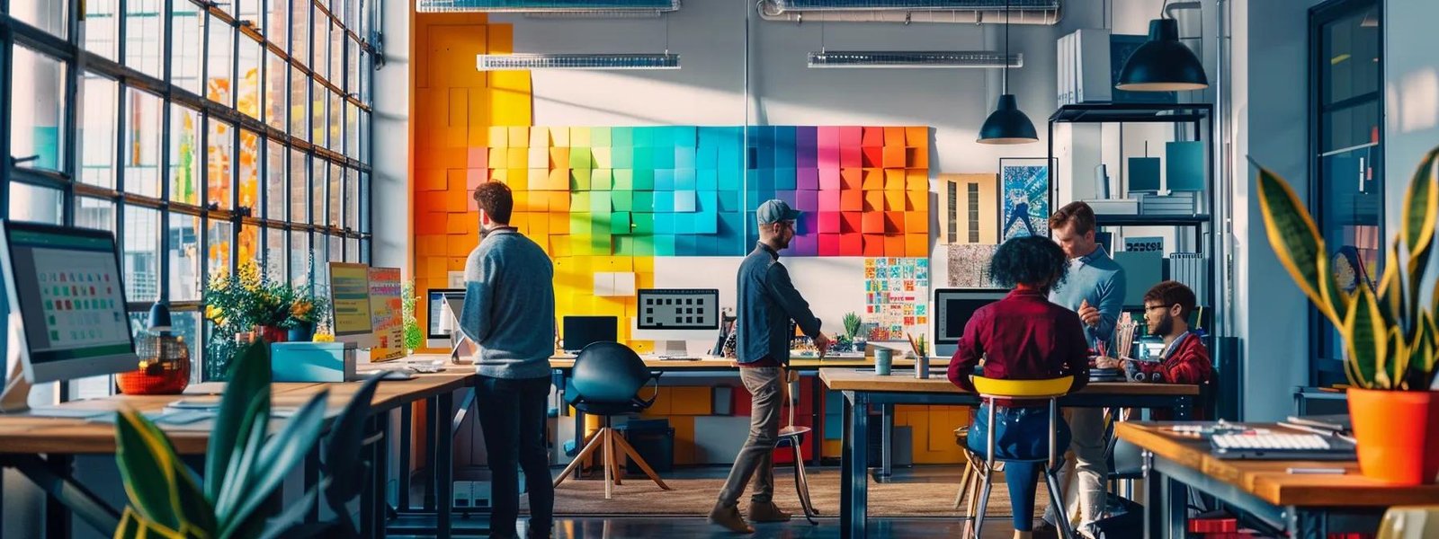 a bright, modern office space showcases a team of professional painters discussing vibrant color palettes and texture samples, highlighting their expertise in interior transformations.