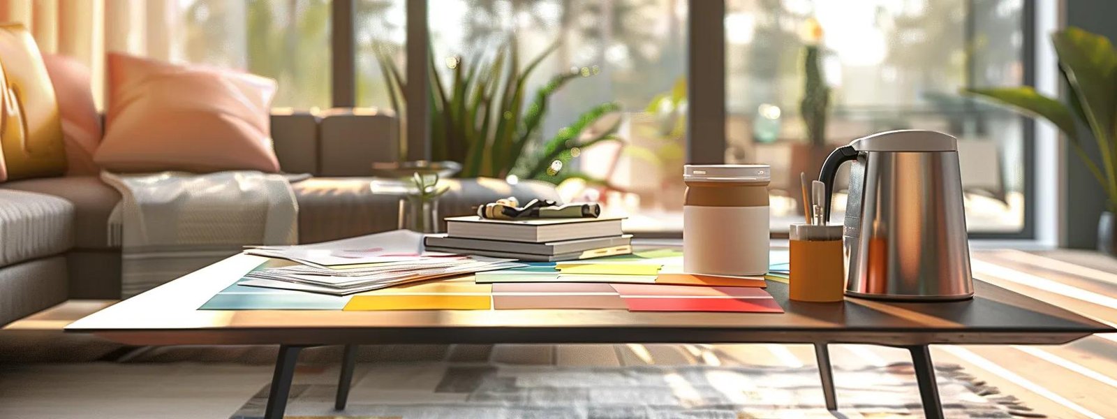 a contemporary interior room showcases an elegant palette of paint swatches displayed on a sleek, minimalist table, surrounded by stylish furniture, emphasizing the importance of color selection for home decor. a contemporary interior room showcases an elegant palette of paint swatches displayed on a sleek, minimalist table, surrounded by stylish furniture, emphasizing the importance of color selection for home decor.