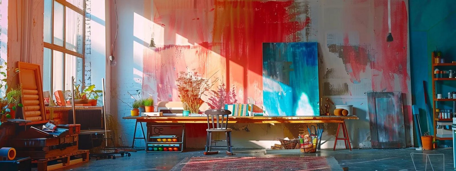 a dynamic interior scene showcases an artistically anointed room with vibrant, freshly painted walls and a neatly organized workstation, embodying the essence of expert diy interior painting techniques.