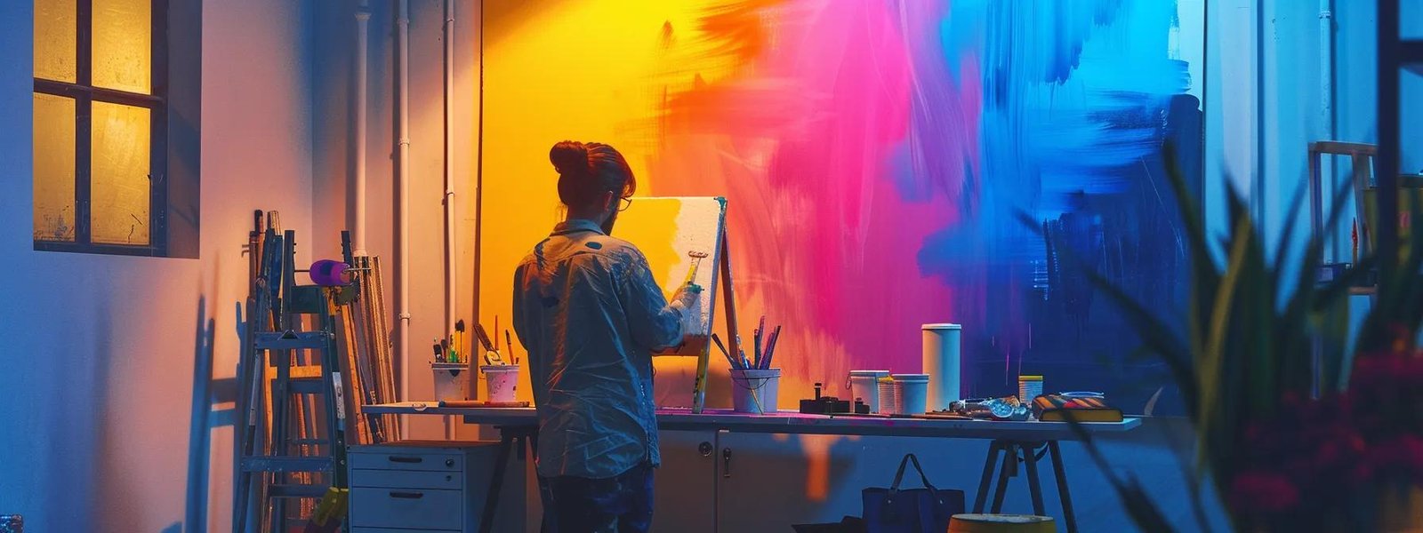 a dynamic workspace showcasing a professional painter skillfully applying vibrant colors to a modern office wall, surrounded by tools and paint cans, illuminated by bright task lighting that enhances the meticulous details of the painting process.