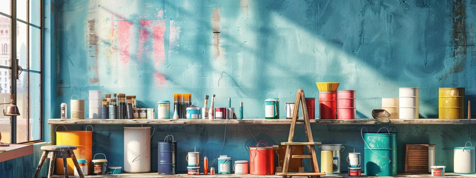 a meticulously arranged interior painting workshop showcases an array of vibrant paint cans and expertly crafted brushes, highlighting professionals engaged in transforming dull walls into stunning masterpieces within a contemporary, well-lit studio space.