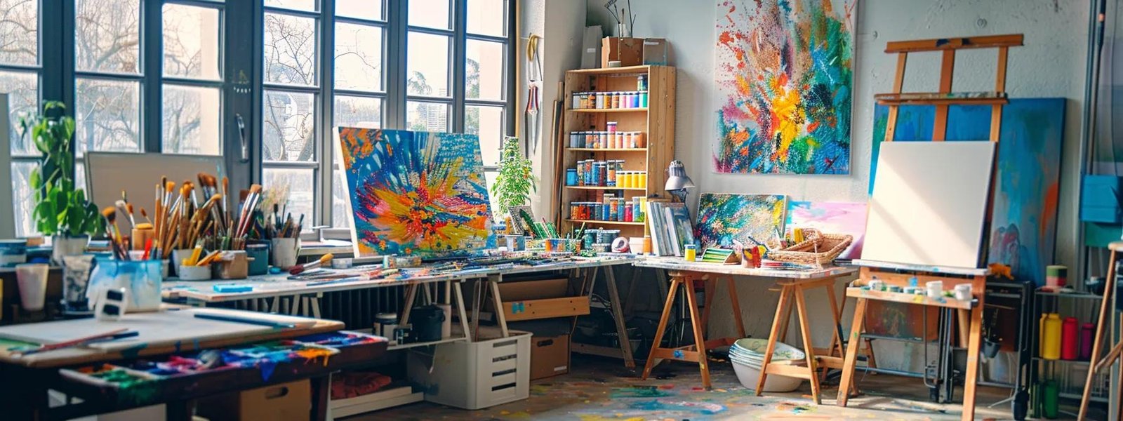 a meticulously organized painting studio, featuring an array of vibrant paint colors and streamlined tools, embodies a smooth workflow that enhances both speed and quality in the artistic process. a meticulously organized painting studio, featuring an array of vibrant paint colors and streamlined tools, embodies a smooth workflow that enhances both speed and quality in the artistic process.