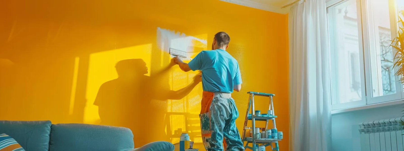 a modern, brightly lit interior space showcases a skilled individual applying bold, vibrant paint to a feature wall, surrounded by an array of neatly organized painting supplies, capturing the essence of expert diy interior painting techniques.