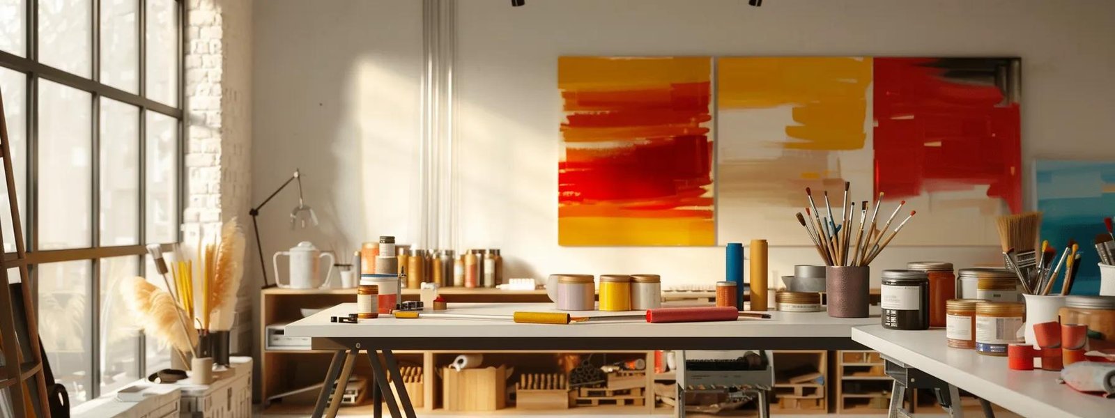 a modern, elegant interior showcases a neatly organized workspace with an array of high-quality paints, brushes, and rollers displayed prominently on a sleek table, bathed in soft, focused lighting to emphasize the artistry and precision of home interior painting. a modern, elegant interior showcases a neatly organized workspace with an array of high-quality paints, brushes, and rollers displayed prominently on a sleek table, bathed in soft, focused lighting to emphasize the artistry and precision of home interior painting.