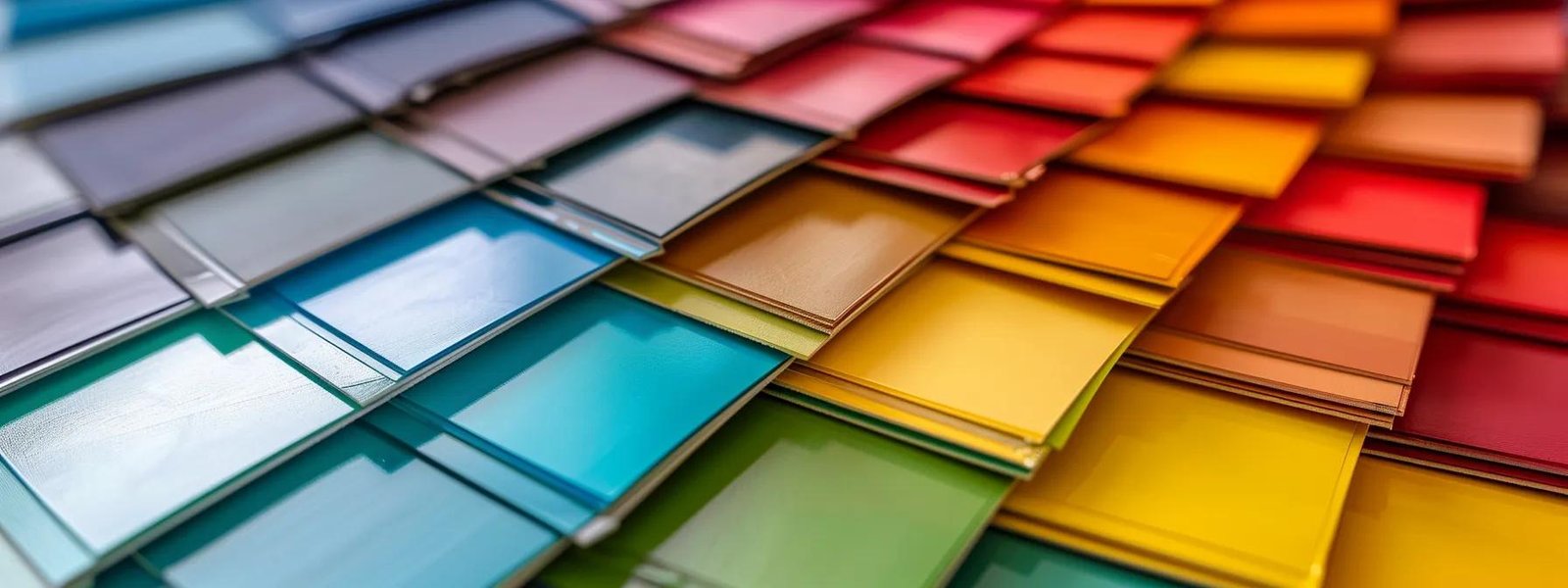 a modern interior design studio in saint paul showcases a vibrant selection of paint finishes arranged aesthetically on a polished surface, highlighting the texture and sheen of each option under bright, focused lighting.