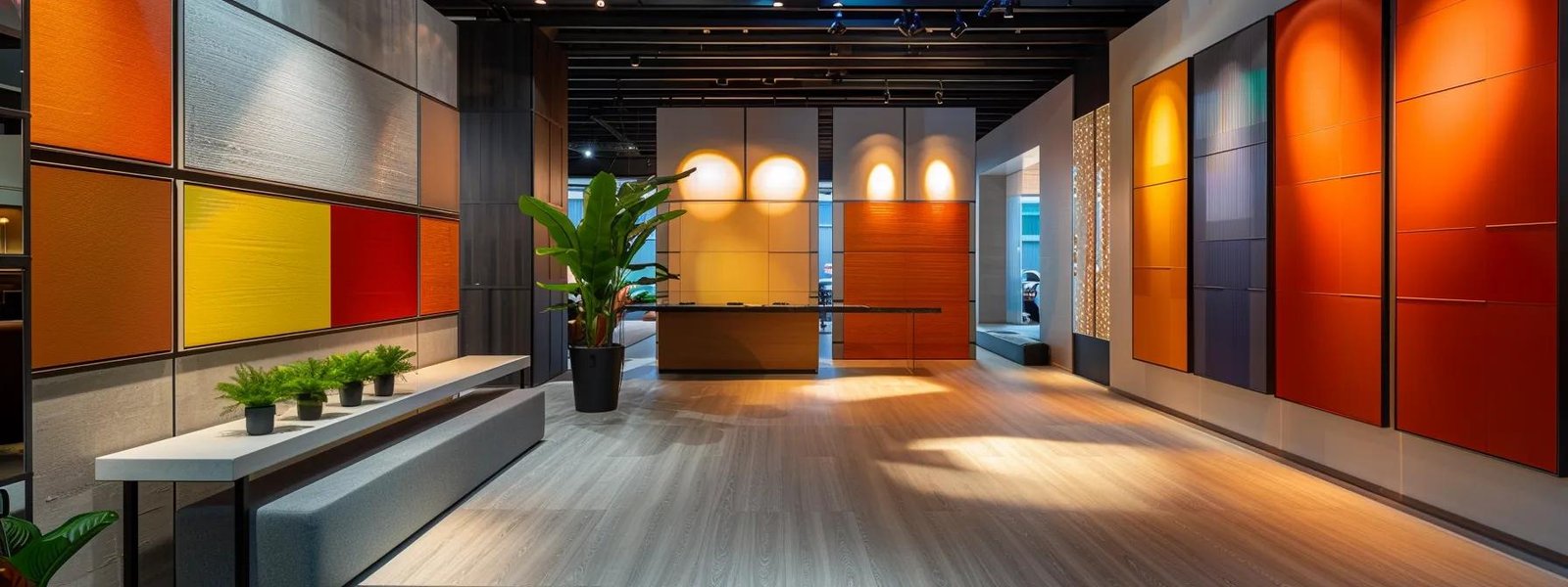 a modern interior design showroom showcases an array of sleek, vibrant paint finishes on elegant wall panels, with soft ambient lighting enhancing the textures and colors for an inviting yet professional atmosphere. a modern interior design showroom showcases an array of sleek, vibrant paint finishes on elegant wall panels, with soft ambient lighting enhancing the textures and colors for an inviting yet professional atmosphere.