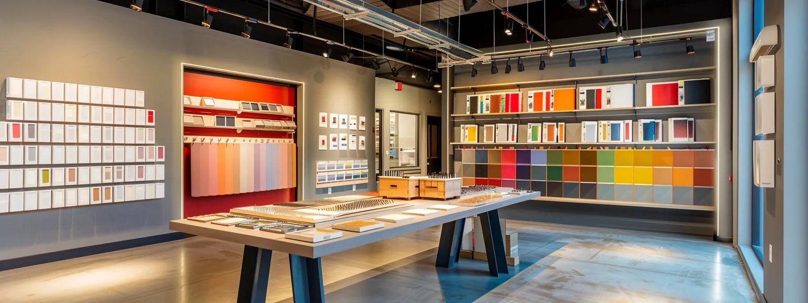 a modern interior design studio in saint paul, featuring a color palette wall displaying various paint finishes, illuminated by bright overhead lights, with a sleek table showcasing tools and samples, emphasizing the importance of selecting the right paint for different room functions. a modern interior design studio in saint paul, featuring a color palette wall displaying various paint finishes, illuminated by bright overhead lights, with a sleek table showcasing tools and samples, emphasizing the importance of selecting the right paint for different room functions.