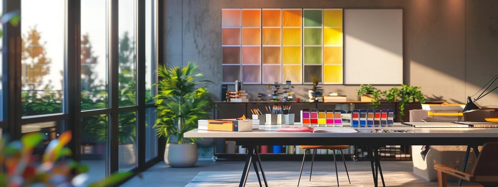a modern interior design studio showcases an organized workspace with vibrant paint samples and swatches meticulously arranged on a sleek table, illuminated by warm artificial light, highlighting their colors against a backdrop of neutral walls and contemporary décor elements. a modern interior design studio showcases an organized workspace with vibrant paint samples and swatches meticulously arranged on a sleek table, illuminated by warm artificial light, highlighting their colors against a backdrop of neutral walls and contemporary décor elements.