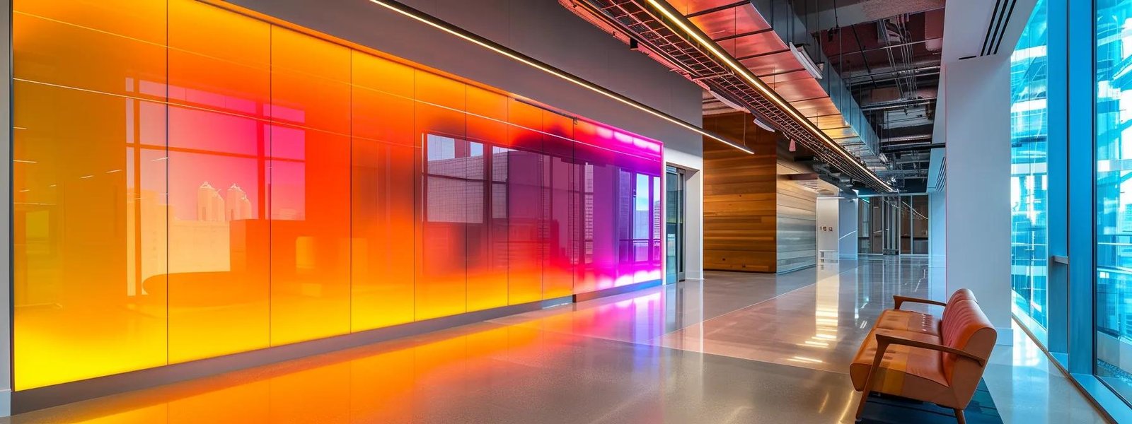 a modern, sleek office interior featuring a vibrant wall painted with a high-sheen finish, reflecting strategically placed overhead lighting that highlights its durability and easy maintenance attributes. a modern, sleek office interior featuring a vibrant wall painted with a high-sheen finish, reflecting strategically placed overhead lighting that highlights its durability and easy maintenance attributes.