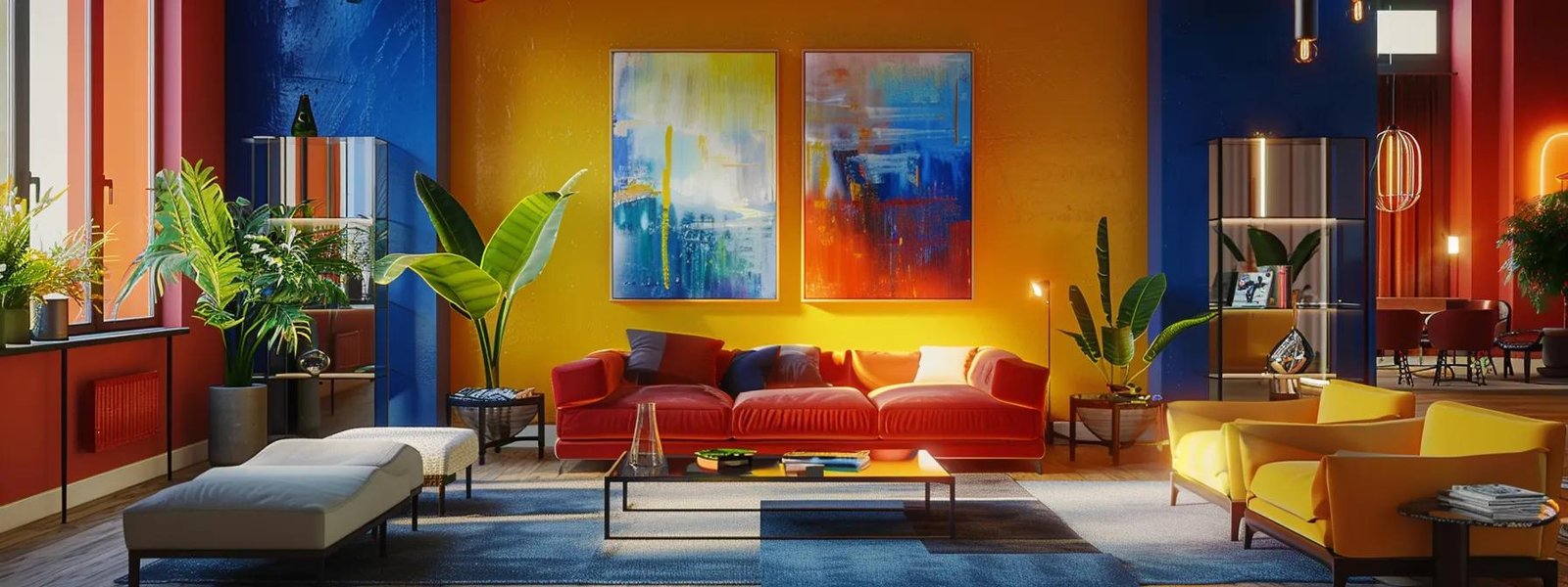 a modern, stylish interior space showcases a vibrant color palette on the walls, featuring a striking contrast between bold hues, elegant furnishings, and soft lighting that highlights the warmth and creativity of an ideal painting project.