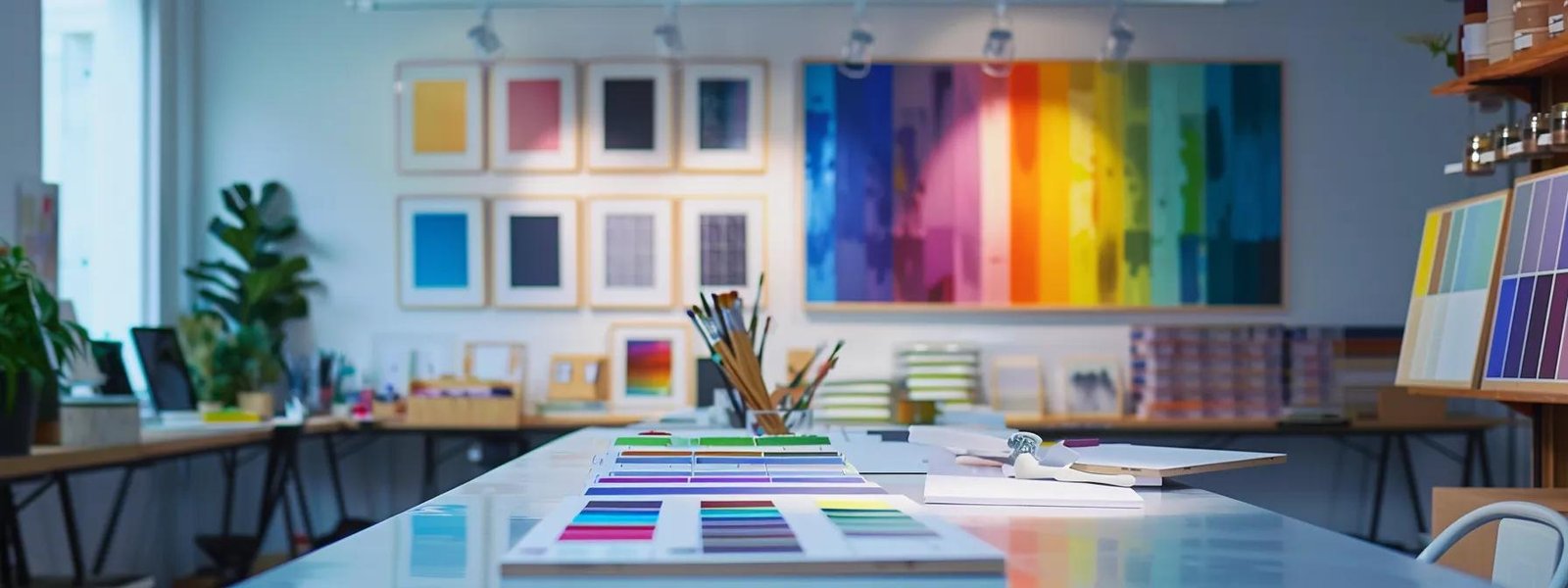 a modern, well-lit interior design studio showcases vibrant paint swatches and tools artfully arranged on a sleek worktable, emphasizing the meticulous selection process for a successful painting project. a modern, well-lit interior design studio showcases vibrant paint swatches and tools artfully arranged on a sleek worktable, emphasizing the meticulous selection process for a successful painting project.