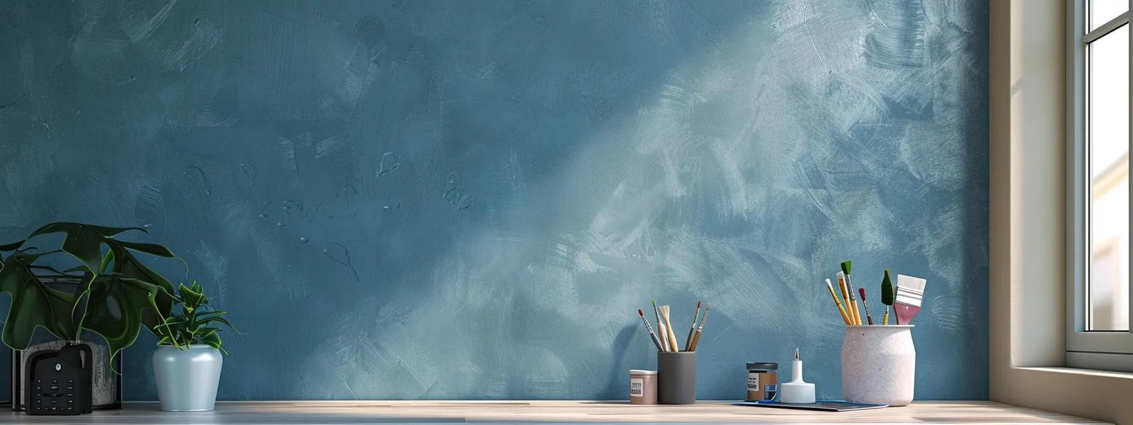 a modern, well-lit home interior showcases a freshly painted wall in a sophisticated color, complemented by neatly arranged painting tools and a clean workspace, highlighting the professional finish of a diy project. a modern, well-lit home interior showcases a freshly painted wall in a sophisticated color, complemented by neatly arranged painting tools and a clean workspace, highlighting the professional finish of a diy project.