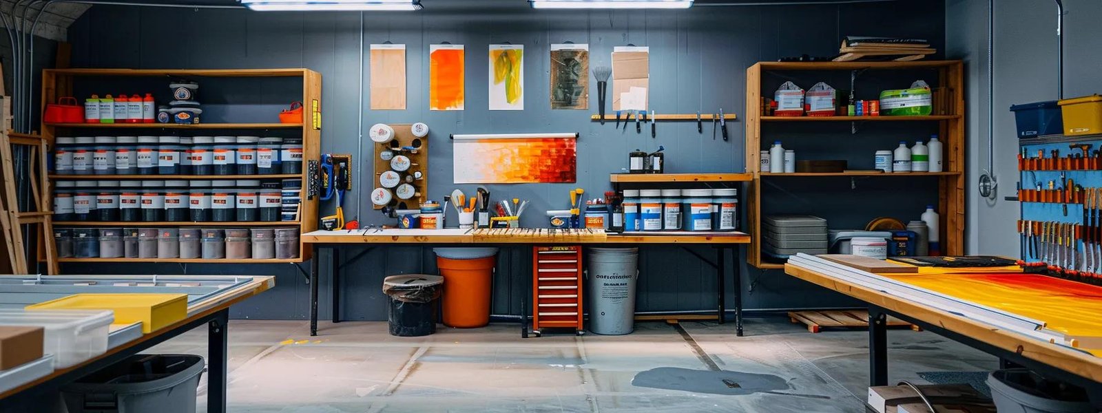 a professional interior painting workshop setting, featuring a sleek, organized space with vibrant paint samples displayed on walls, pristine drop cloths covering the floor, and high-quality tools neatly arranged on a modern workbench, illuminated by sharp overhead lighting that emphasizes the meticulous preparation techniques for wall painting.