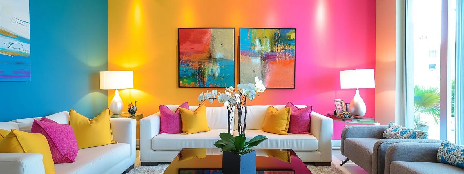 a professional interior painter expertly applying a vibrant coat of paint to a stylishly designed living room, featuring modern furniture and striking accent walls under bright, focused artificial lighting.