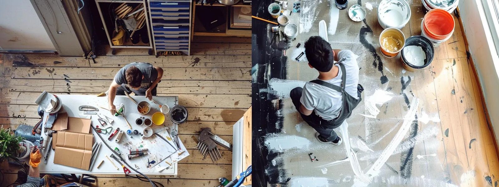 a sharply contrasted split-image showing a cluttered diy painting setup on one side, with scattered tools and paint cans, and a sleek, professional painter in an immaculate office setting seamlessly applying a flawless coat of paint on the other, highlighting the decision-making process between cost-saving diy efforts and the quality of hiring professionals. a sharply contrasted split-image showing a cluttered diy painting setup on one side, with scattered tools and paint cans, and a sleek, professional painter in an immaculate office setting seamlessly applying a flawless coat of paint on the other, highlighting the decision-making process between cost-saving diy efforts and the quality of hiring professionals.