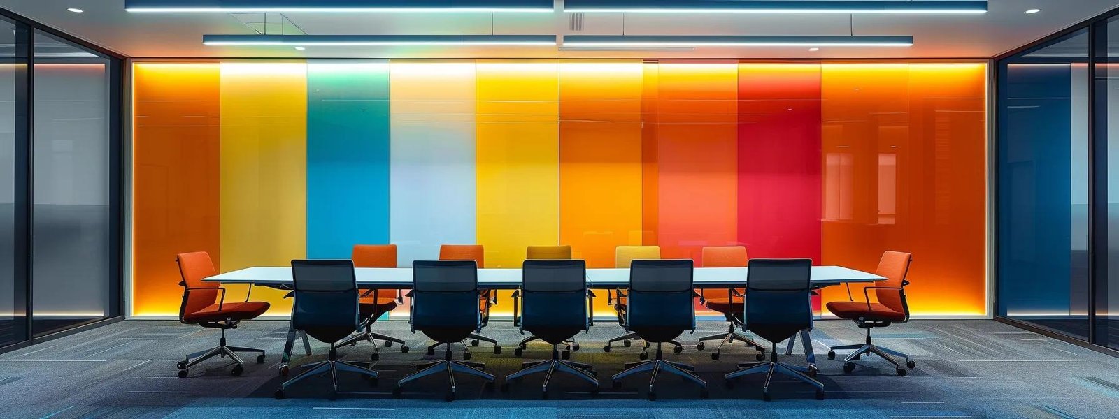 a sleek, modern conference room showcases a vibrant split wall featuring distinct residential and commercial painting techniques, illuminated by sharp overhead lights that accentuate the textures and colors.