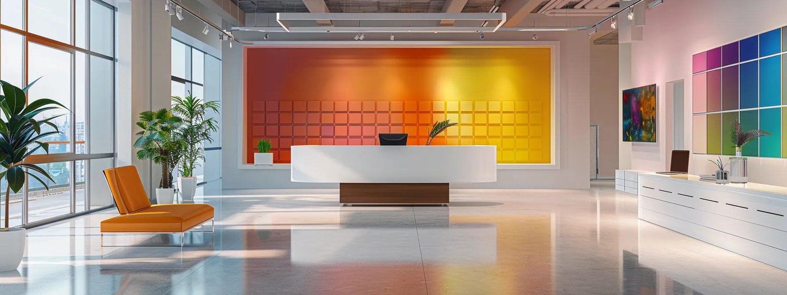 a sleek, modern office space showcases a freshly painted vibrant interior, with inviting color swatches displayed on a contemporary desk, emphasizing a professional painting service experience.