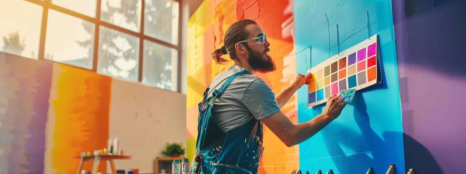 a sleek, modern office space showcases a talented painter skillfully applying a vibrant coat of paint to a feature wall, surrounded by color swatches and tools, embodying professionalism and creativity.