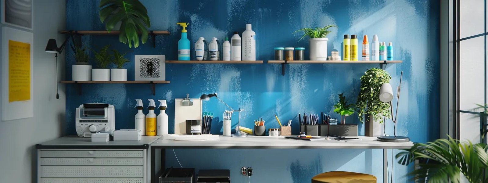 a sleek, modern workspace showcases a freshly painted wall, surrounded by meticulously organized paint supplies and cleaning tools, emphasizing the importance of post-painting care for a polished finish. a sleek, modern workspace showcases a freshly painted wall, surrounded by meticulously organized paint supplies and cleaning tools, emphasizing the importance of post-painting care for a polished finish.