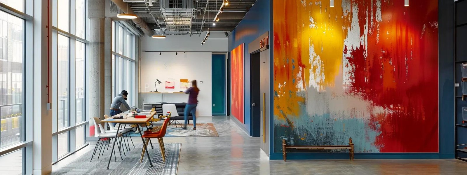 a sophisticated urban office space showcases a team of professional painters meticulously applying a vibrant coat of paint to a stylishly designed wall, reflecting the craftsmanship and tailored elegance that new york city homeowners and businesses seek.
