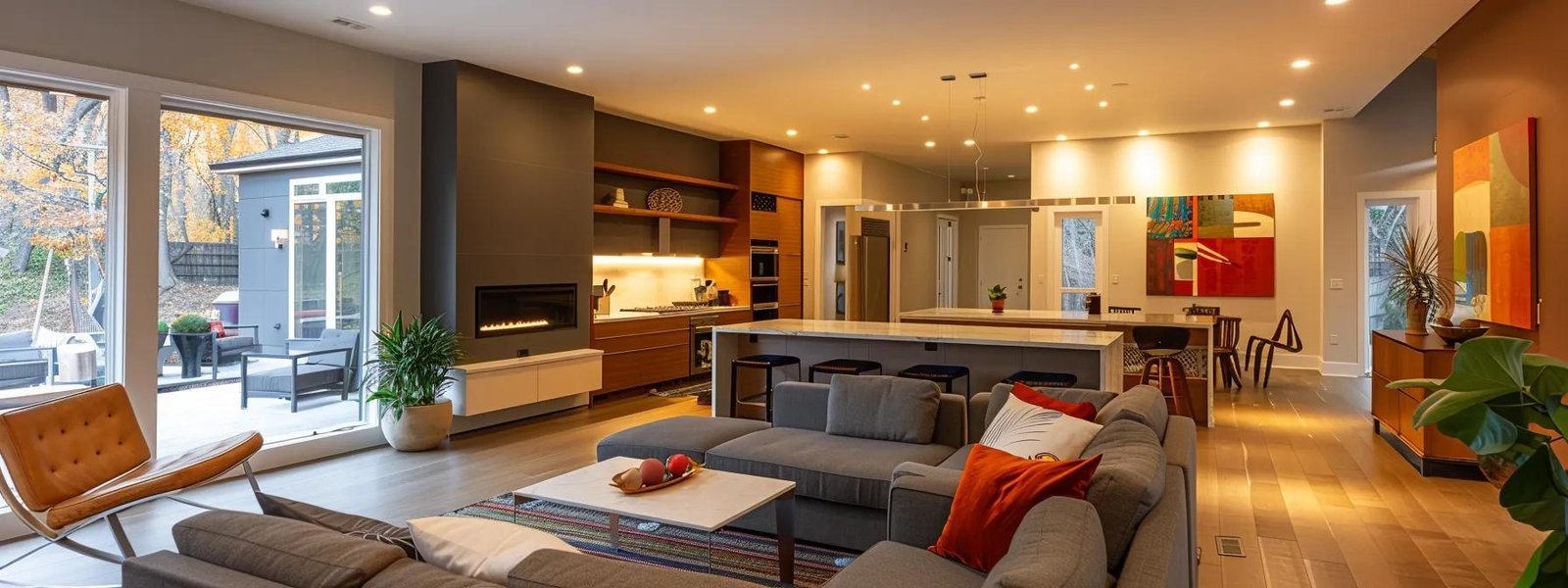 a stylish, modern living room in a st. paul home showcases a palette of vibrant, complementary paint colors on the walls, illuminated by warm, ambient lighting that highlights the contemporary decor and artistic accents.
