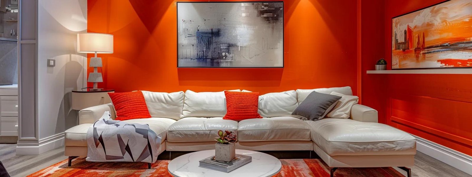 a stylish, modern st. paul living room showcases vibrant interior paint color ideas, featuring bold accent walls and contemporary furnishings under soft, warm artificial lighting that highlights the rich textures and overall aesthetic.