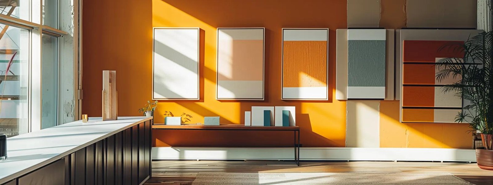 a stylish saint paul interior showcases a beautifully painted wall with an array of paint finish samples displayed on a modern, minimalist table, highlighting the elegance and versatility of interior design choices in a contemporary urban setting.