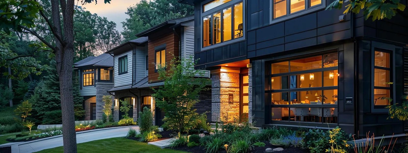 a stylish saint paul residential exterior showcasing vibrant 2023 paint color trends, with modern architectural features illuminated by the warm glow of urban streetlights against a twilight backdrop. a stylish saint paul residential exterior showcasing vibrant 2023 paint color trends, with modern architectural features illuminated by the warm glow of urban streetlights against a twilight backdrop.