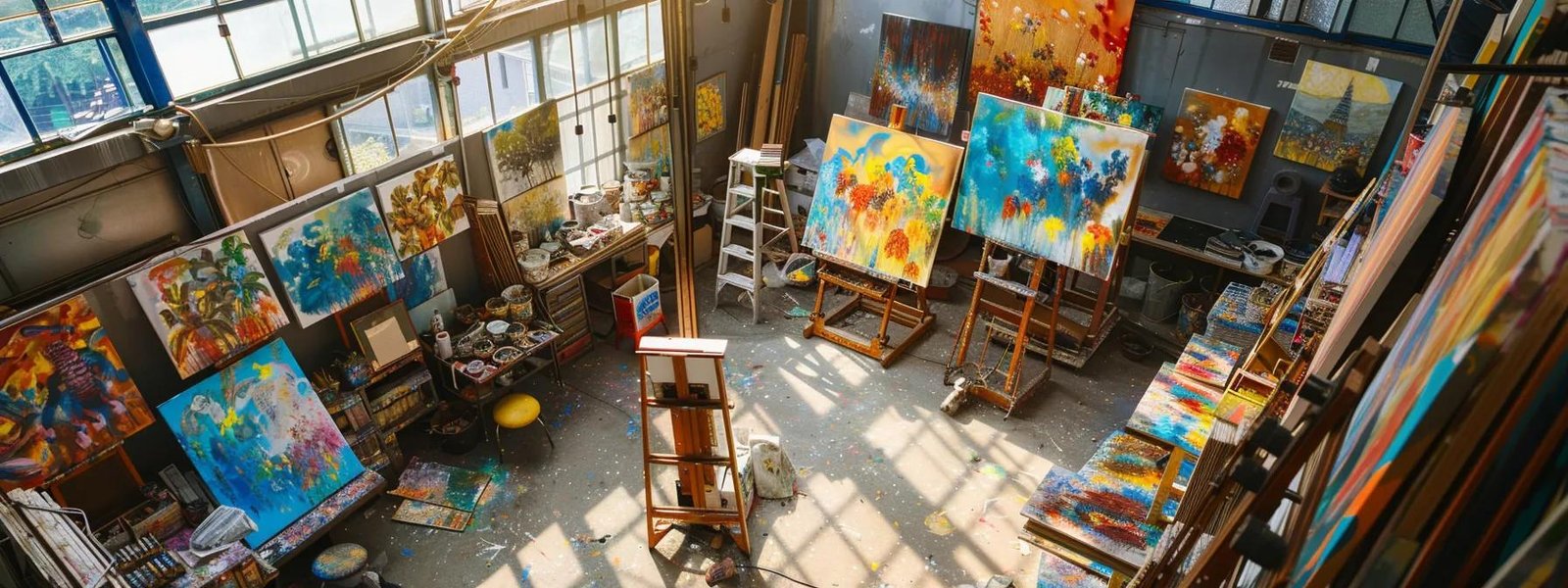 a vibrant artist's studio bustling with activity showcases the painting process in action, featuring canvases at various stages, colorful paint palettes, and dynamic brush strokes under bright studio lighting. a vibrant artist's studio bustling with activity showcases the painting process in action, featuring canvases at various stages, colorful paint palettes, and dynamic brush strokes under bright studio lighting.