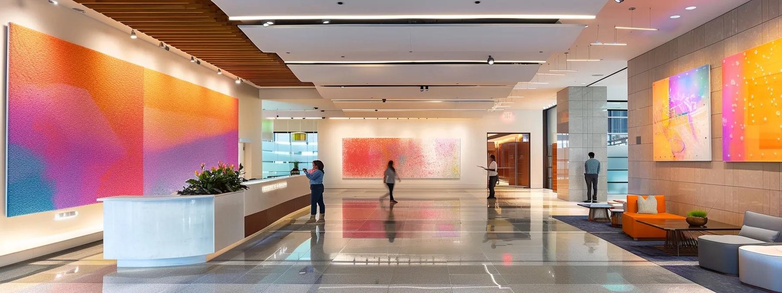a vibrant new york city interior showcases skilled painting professionals meticulously applying rich colors to a stylishly designed modern space, highlighting their artistry and attention to detail under the warm glow of overhead lighting.