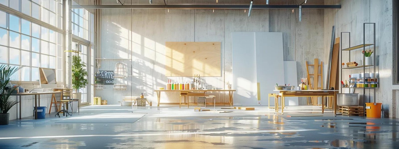 a visually striking image of a meticulously organized indoor painting workspace, featuring pristine wall surfaces prepped for painting, neatly arranged tools, and a focused atmosphere emphasizing cleanliness and readiness for execution. a visually striking image of a meticulously organized indoor painting workspace, featuring pristine wall surfaces prepped for painting, neatly arranged tools, and a focused atmosphere emphasizing cleanliness and readiness for execution.