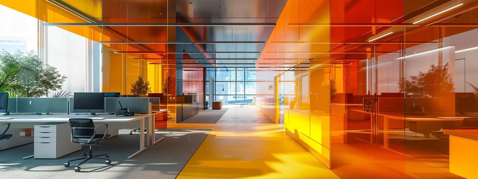 a vividly lit, modern office space features a constricted layout with bold cautionary colors on the walls, highlighting the potential challenges of color choice in small environments. a vividly lit, modern office space features a constricted layout with bold cautionary colors on the walls, highlighting the potential challenges of color choice in small environments.