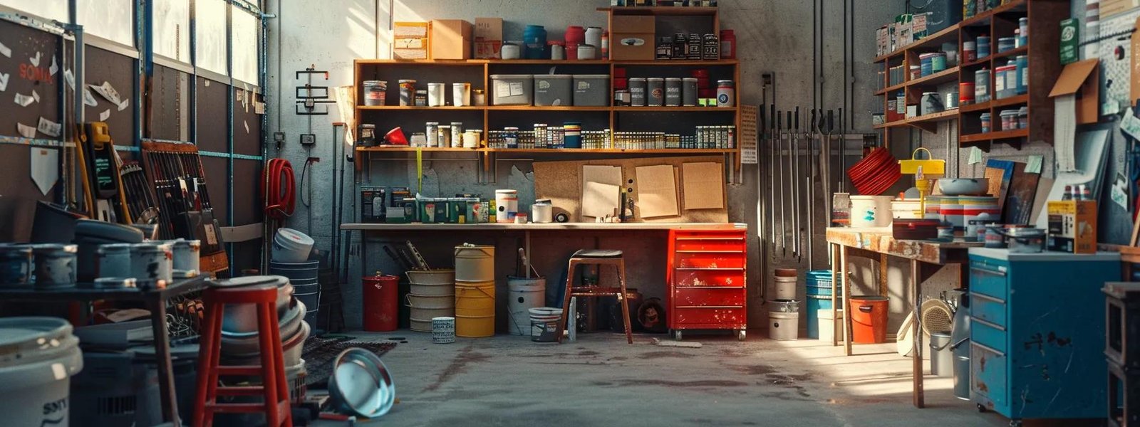 a well-organized workshop features freshly painted walls and drying paint cans, emphasized by a soft, even spotlight that highlights the importance of patience in the drying process. a well-organized workshop features freshly painted walls and drying paint cans, emphasized by a soft, even spotlight that highlights the importance of patience in the drying process.