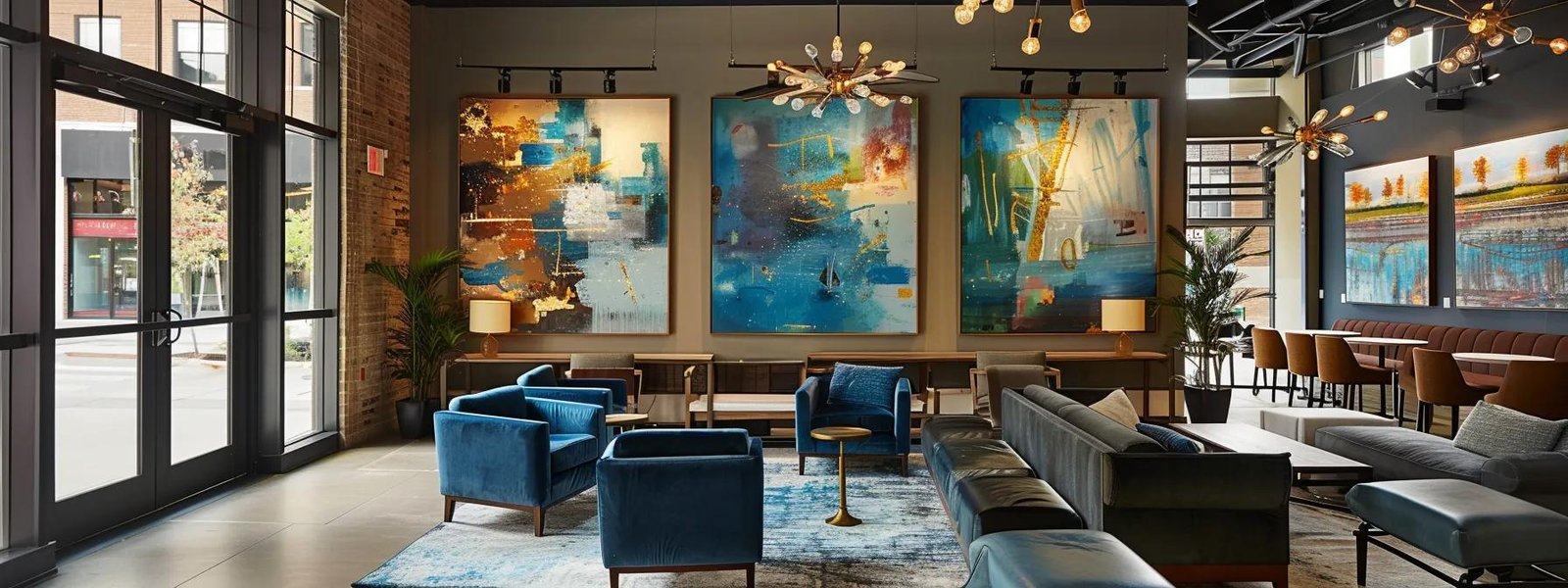 an elegant urban interior showcases bria hammel's distinctive painting styles, featuring richly textured walls and contemporary furnishings, illuminated by sophisticated pendant lighting that enhances the vibrant color palette. an elegant urban interior showcases bria hammel's distinctive painting styles, featuring richly textured walls and contemporary furnishings, illuminated by sophisticated pendant lighting that enhances the vibrant color palette.