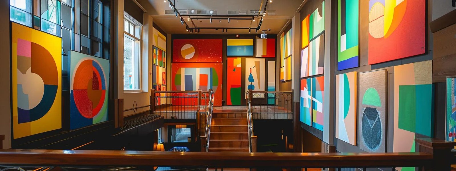 an elegantly designed interior space in saint paul showcases a vibrant array of unique painting styles, with bold colors and geometric patterns adorning the walls, illuminated by soft, ambient lighting that highlights the artistry.