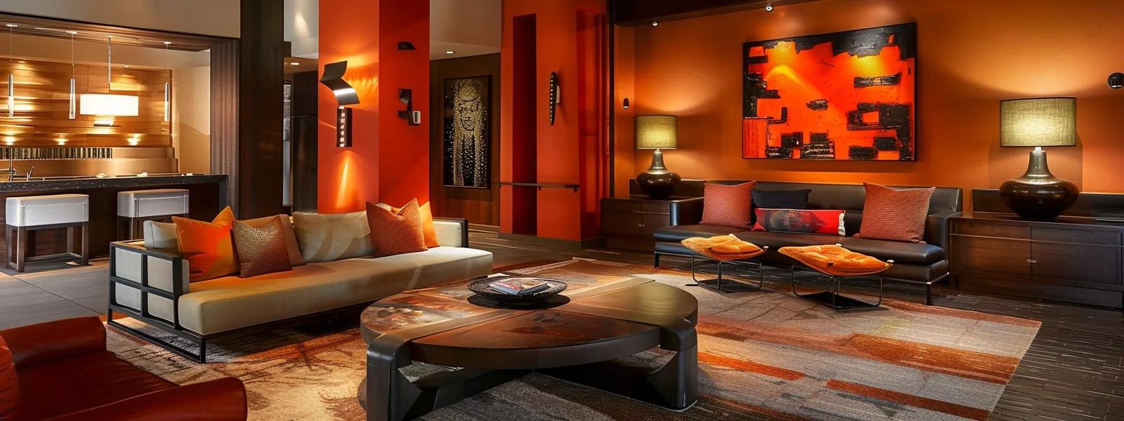 an elegantly styled st. paul living room showcases a harmonious blend of contemporary interior paint colors, featuring bold accent walls and textured furnishings under warm ambient lighting, creating an inviting and sophisticated atmosphere.