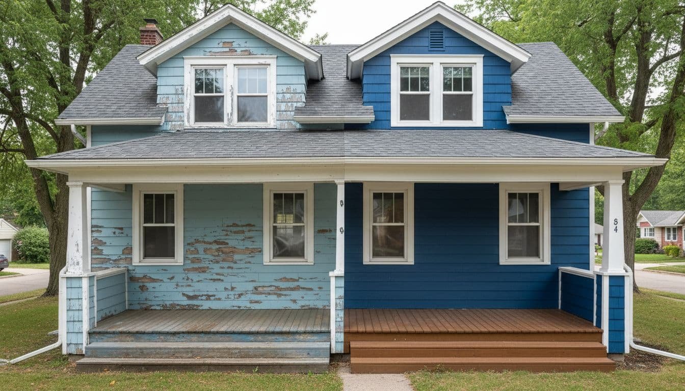 Before and after split image of Minneapolis bungalow exterior painting: left side shows faded peeling paint, right side fresh clean coat on the same house with wood siding and porch in suburban setting, realistic photos, even split composition, natural lighting.