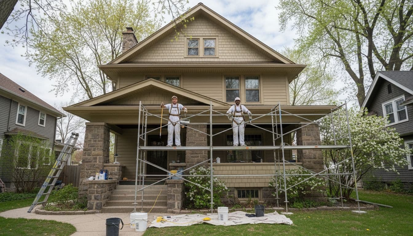 Two painters apply beige paint to the siding of a two-story Craftsman-style house in a Minneapolis suburb on a mild spring day, with budding trees and soft daylight.